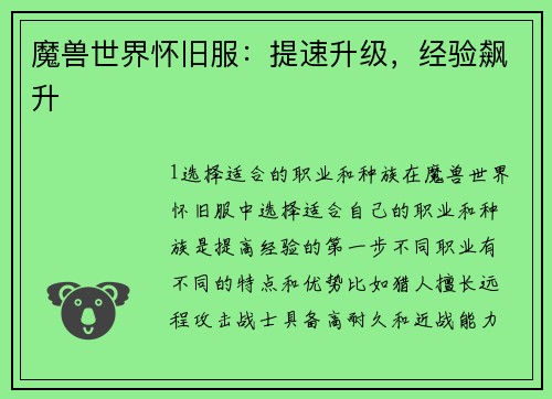 魔兽世界怀旧服：提速升级，经验飙升